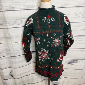 Laura Ashley Vintage Dark Green Turtleneck Sweater with Red and White Patterns